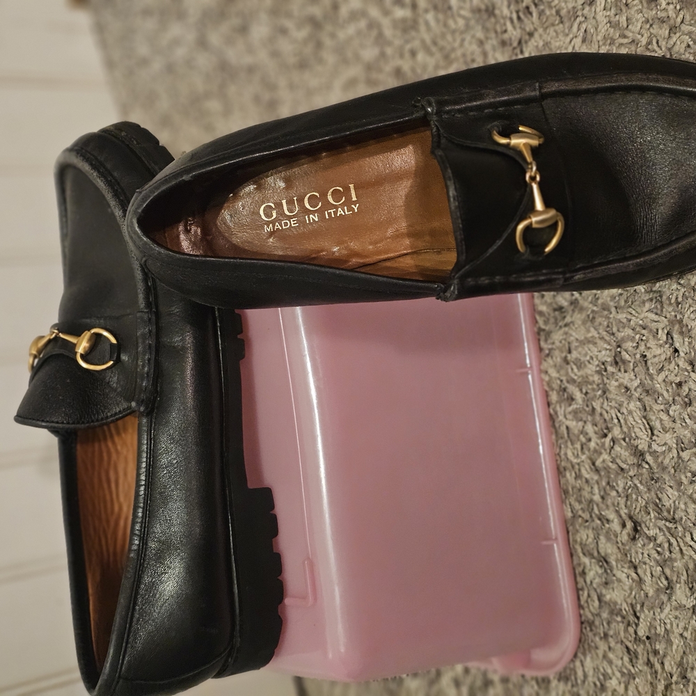 Gucci Black Leather Gold Horsebit Lug Loafers -Women's Size 8 1/2